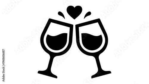 Romantic vector illustration of two wine glasses clinking in a toast with a heart symbol and splashes, minimalist flat icon for date night, anniversary celebration, and love, AI-generated art.