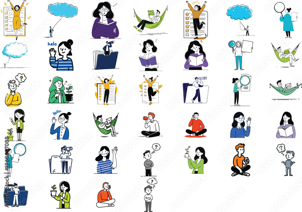 Fototapeta premium A vibrant vector graphic illustration featuring a diverse collection of people engaging in various daily activities and emotions.