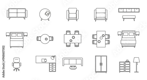 Overhead Furniture Icons - Sofas, Tables, Chairs, and Storage Units.