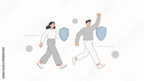 Two people with shields walking
