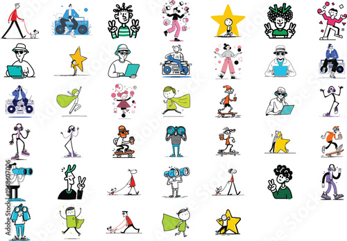 Vibrant vector graphic illustration featuring a diverse collection of characters engaged in various modern activities and poses.
