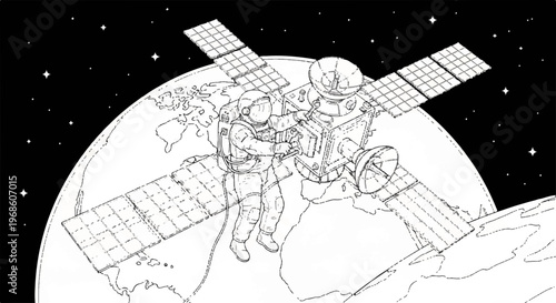 Astronauts in Space, Spacewalk Illustration, Vector Space Scene, Black and White Clipart