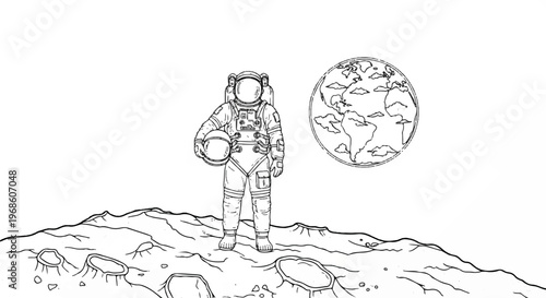 Astronaut standing on moon surface, space illustration, black and white vector, astronaut in space suit, lunar landscape