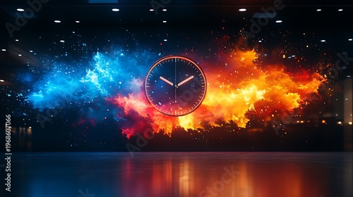 Abstract clock with colorful nebula background