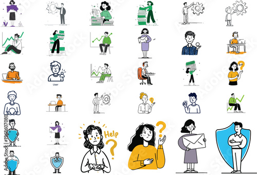 Comprehensive vector illustration pack portraying diverse individuals in business, technology, customer service, and problem-solving scenarios.