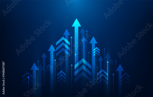 business arrow up strategy technology success on blue background. achievement target growth concept. return on investment and finance increase. vector illustration fantastic technology.