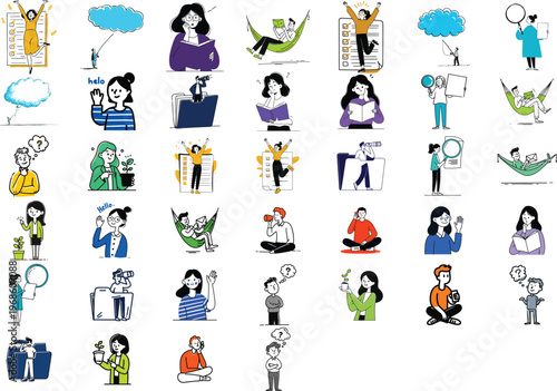 A vibrant vector graphic illustration featuring a diverse collection of people engaging in various daily activities and emotions.