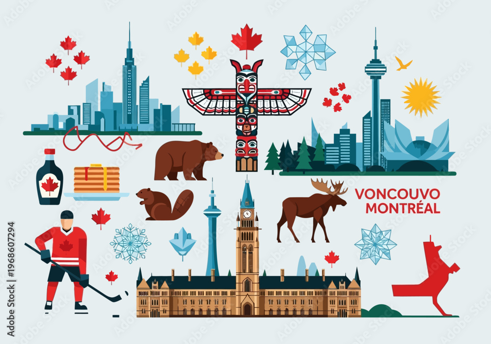 Fototapeta premium Canadian Culture and Travel Illustration: National Symbols, Landmarks, Wildlife, and Icons Set