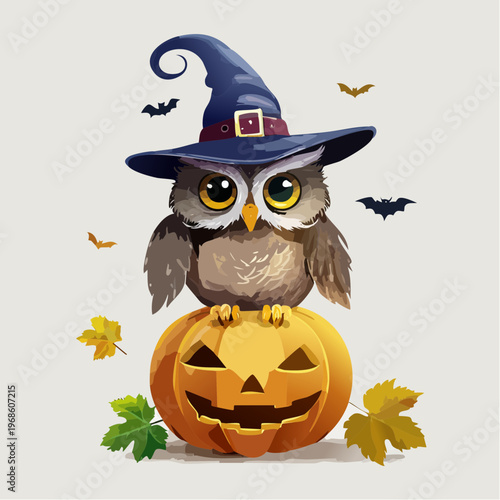 Eule mit Hexenhut auf Kürbis – Nacht Halloween