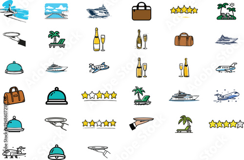 Luxury travel and hospitality vector icons collection featuring elements of vacation, service, transportation, and star ratings.