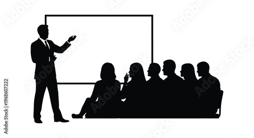 A business presentation is underway with a presenter addressing an audience in a stark black silhouette high quality professional detailed modern