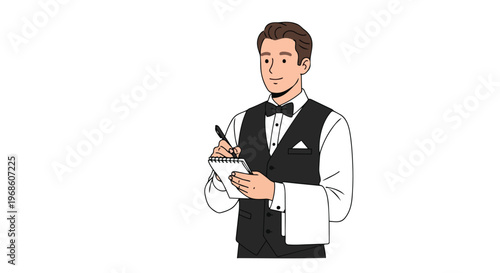 Professional Waiter Taking Order in Restaurant Illustration