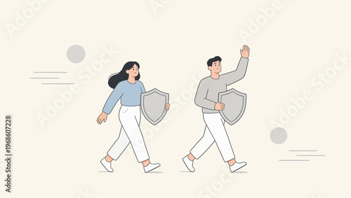 Two people walking with shields