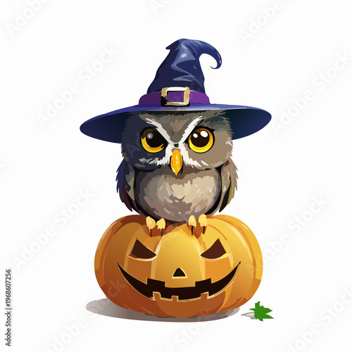 Eule mit Hexenhut auf Kürbis – Nacht Halloween