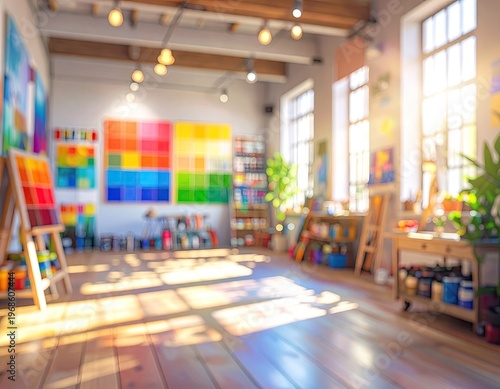 Bright Spacious Art Studio with Colorful Paints and Natural Light.