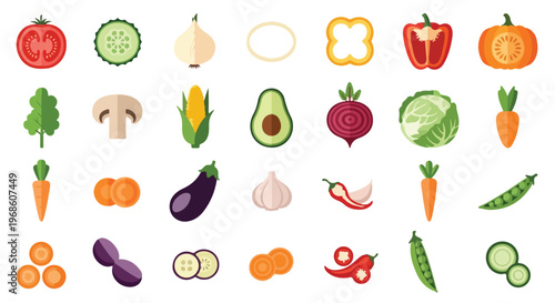 A vibrant collection of fresh, colorful vegetables and produce in a flat design style, including whole and sliced items.