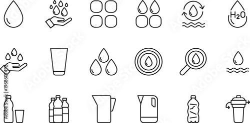 Water and hydration line icons set featuring drops bottles filtration purification hygiene drink symbols for health environment and clean liquid vector design