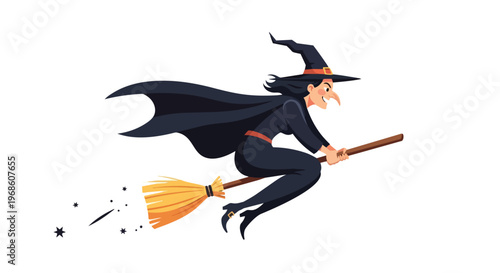 Cartoon Witch Flying on a Broomstick for Halloween