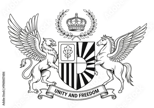 Heraldic Coat of Arms with Griffin, Pegasus, and Crown - Classic Royal Emblem Vector Illustration for Unity and Freedom