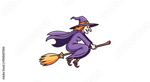 Cartoon Witch Flying on a Broomstick for Halloween Celebration