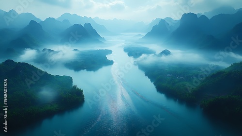 Misty river through mountains aerial view