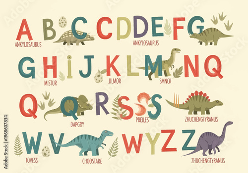 Dinosaur Alphabet Poster for Kids - Educational Prehistoric ABC Chart with Cute Cartoon Dinosaurs and Letters for Nursery and Classroom Decor