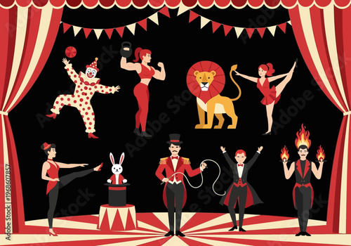 Vintage Circus Show Characters Illustration with Ringmaster, Clown, Strongwoman, Lion, and Magician on Stage