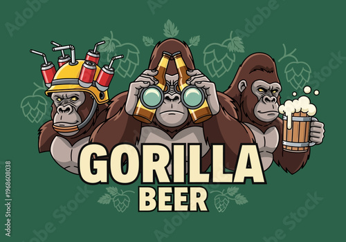 Humorous Gorilla Beer Mascot Illustration Featuring Three Gorillas with Beer Helmet, Bottle Binoculars, and Frothy Mug for Brewery Branding