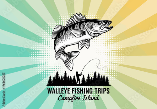 Retro Walleye Fishing Trips Illustration with Jumping Fish, Fisherman Silhouette, and Pine Forest on a Vibrant Sunburst Background