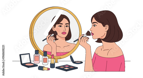 Young woman applying makeup in front of a round mirror