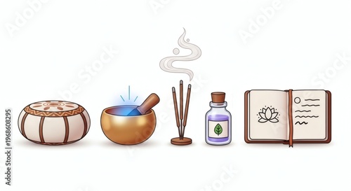 Spiritual Meditation and Mindfulness Wellness Tool Set - Singing Bowl, Incense, Essential Oil, Lotus Journal, and Zen Cushion Isolated on White Background 