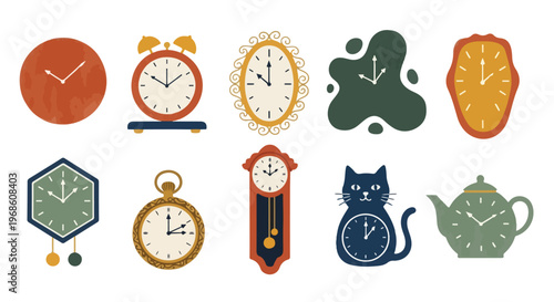 An illustrative set of ten unique and colorful clocks, featuring wall, alarm, pocket, grandfather, and novelty designs like a cat and teapot, all displaying different times.