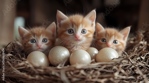 Three kittens in nest with eggs