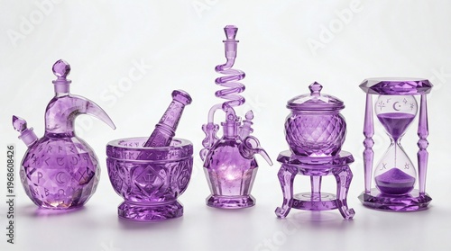 Mystical Amethyst Crystal Alchemist Set Featuring Ornate Potion Flasks, Mortar and Pestle, and Hourglass on White Background