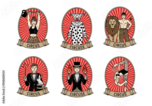 Set of Vintage Circus Performer Badges and Retro Emblems featuring Clown, Magician, Lion Tamer, Strongwoman, and Acrobat