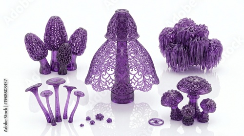 Intricate 3D Printed Purple Resin Mushroom Collection: Ornate Fungi Sculptures with Filigree and Lattice Details on White Background