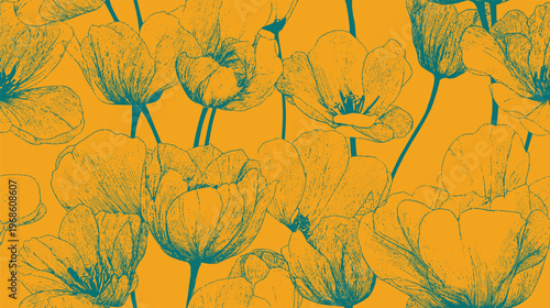 A seamless vector background featuring a flawless pattern of tulips and roses.