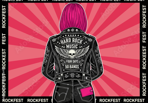 Rock Music Festival Poster Design featuring Woman in Studded Leather Jacket with Skull Art and Pink Hair