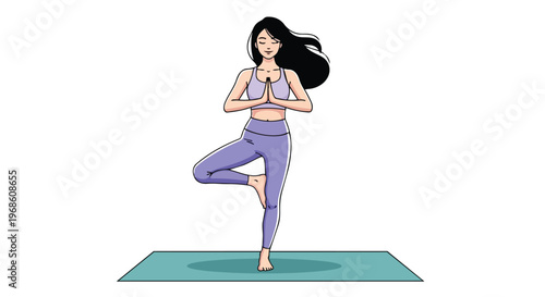 Young woman practicing tree pose yoga on mat