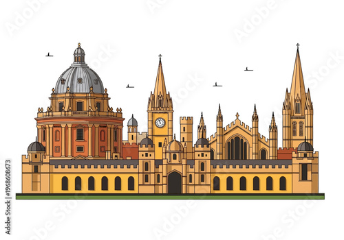 Oxford England Skyline Illustration Featuring Radcliffe Camera and University Architecture - Flat Vector Landmark Design