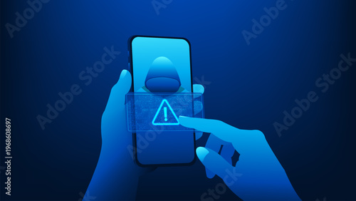 Cyber security technology background smartphone with a hacker on screen, representing data protection, network security, anti-phishing, scam prevention, secure mobile communication in digital