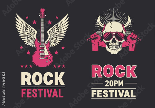 Retro Rock Festival Poster Set with Winged Electric Guitar and Horned Skull Illustrations