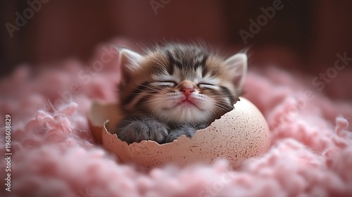 Kitten sleeping in egg shell