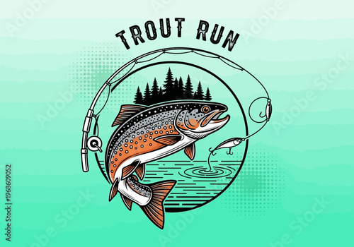 Vintage Trout Fishing Emblem with Jumping Fish and Fishing Rod - Trout Run Design