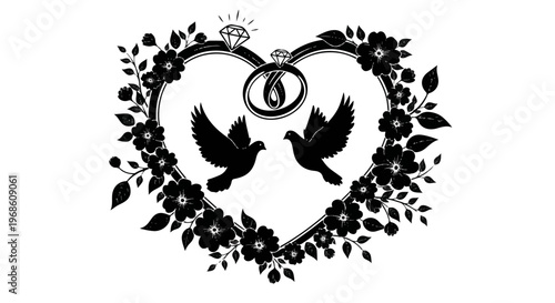 Black heart shaped wedding floral wreath, interlocking rings, doves silhouette, love symbol, floral design element