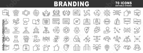 Branding outline icons showcasing identity, logo, strategy