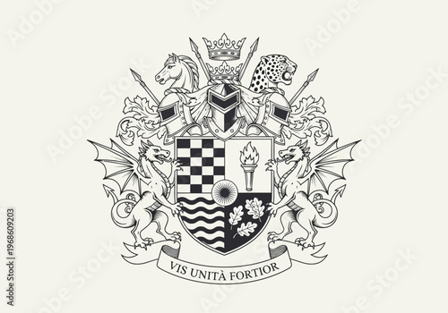 Medieval Heraldic Coat of Arms Shield Crest with Dragons and Knight Helmets - Vintage Engraving Style Emblem