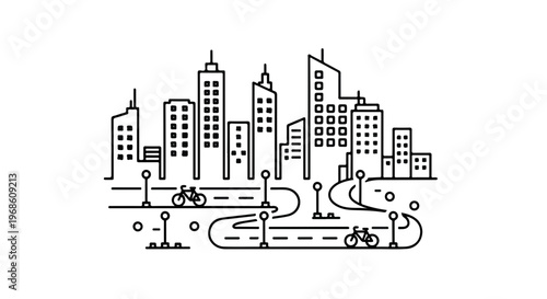 Cityscape, urban landscape, city skyline, black line art vector