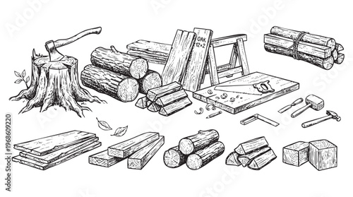 Assortment of woodworking tools and raw including an axe, ink engraving line black png