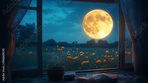 Nighttime view through window of full moon